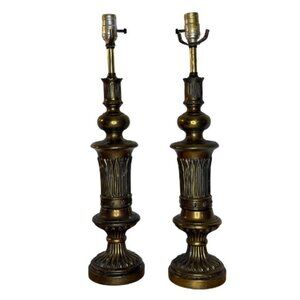 Vintage Pair Heavy 1950s Hollywood Regency Style Brass Pillar Table Lamps Unique